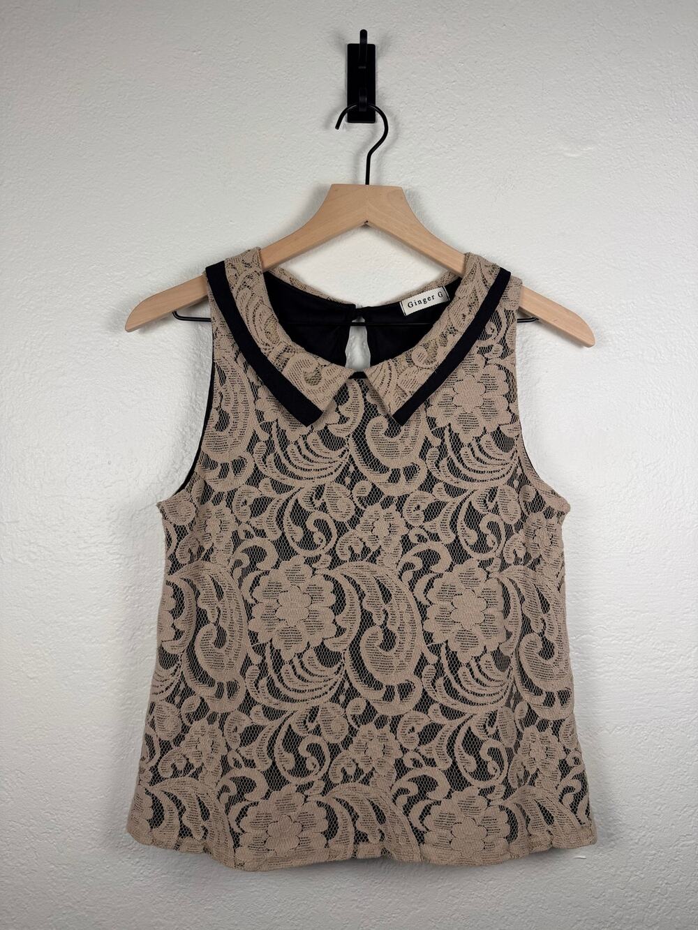 Ginger G Y2K Beige Floral Lace Black Trim Keyhole Tank Top Made USA